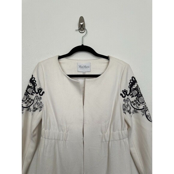 MaxMara Vintage Embroidered Open Front Wool Hook Eye Closure Coat White Women M - Picture 2 of 11
